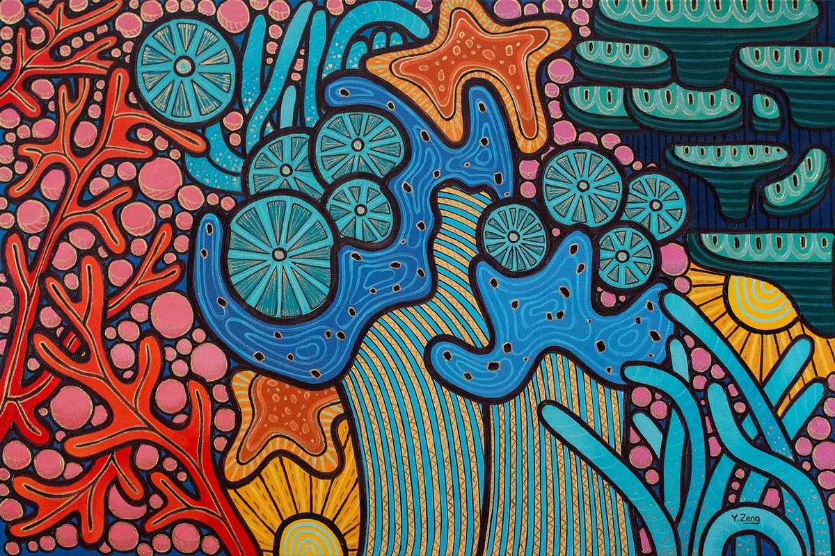 Organic Animal Oil Painting By Yue Zeng, 36 X 24", Coral Reef Blue, Original Artwork