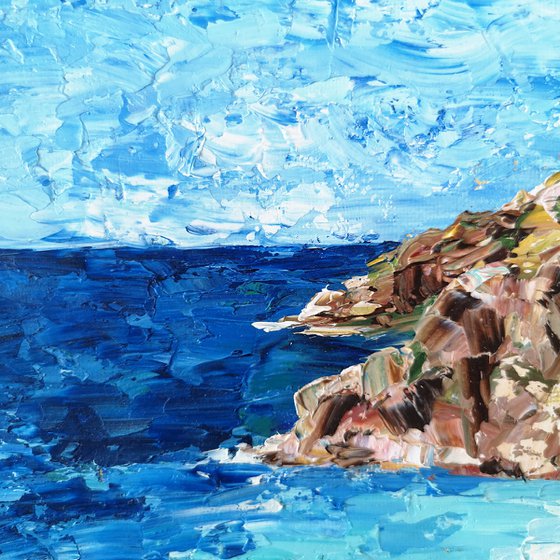 Sea oil painting, ocean and mountains, impasto landscape
