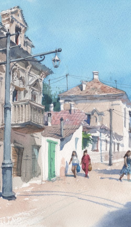 Cityscape of Old City in Europe.It's original landscape painting of watercolor art for interior. by Samira Yanushkova