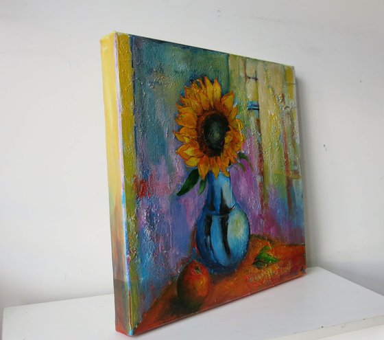 Sunflower and Blue Vase