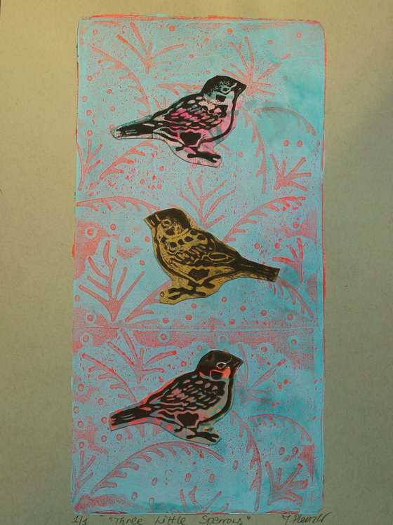 Three Little Sparrows (mixed media)