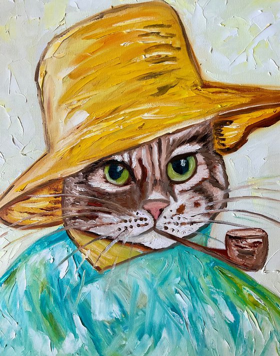 Cat La Vincent Van Gogh with a pipe. by his self portrait in a straw hat.