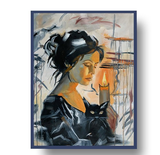 Woman with black cat,candle.