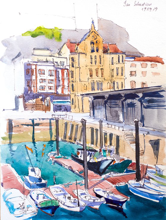 San Sebastian. Live street sketch in the harbour. URBAN WATERCOLOR LANDSCAPE STUDY ARTWORK SMALL CITY LANDSCAPE SPAIN GIFT IDEA INTERIOR