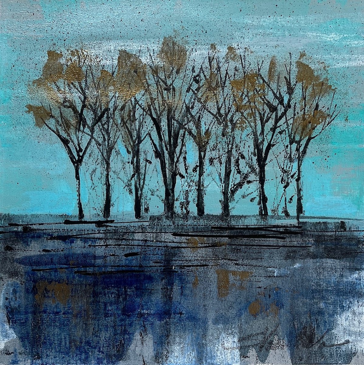 Expressive Landscape Acrylic Painting By Silvia Vassileva, 12 X 12", Trees At Dawn, Original Artwork