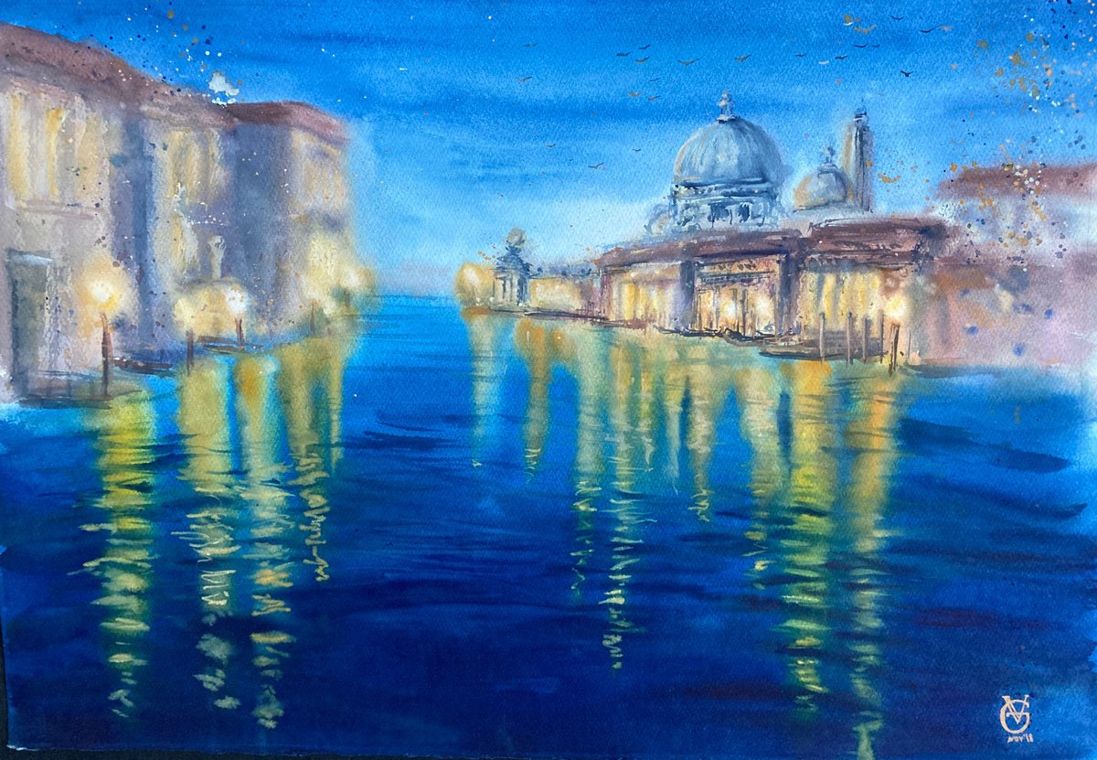Impressionistic Landscape Watercolour By Valeria Golovenkina, 22 X 15", San Marco. Night, Original Artwork
