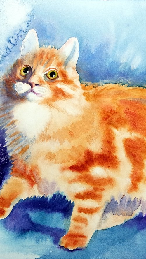 Red-Haired Cat Playing with a Butterfly Watercolor Animal Pet Painting by Ion Sheremet