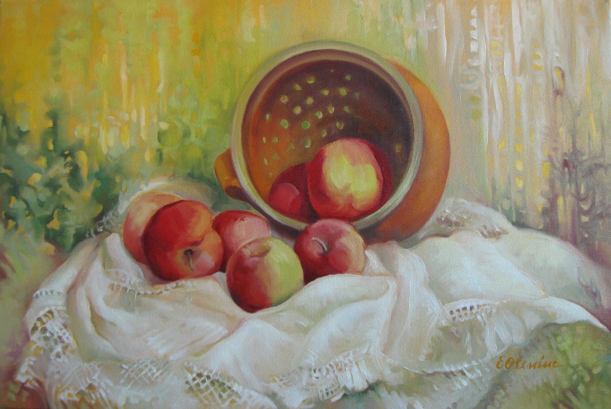 Impressionistic Still Life Oil Painting By Elena Oleniuc, 24 X 16, Red Apples And Pot, Original Artwork