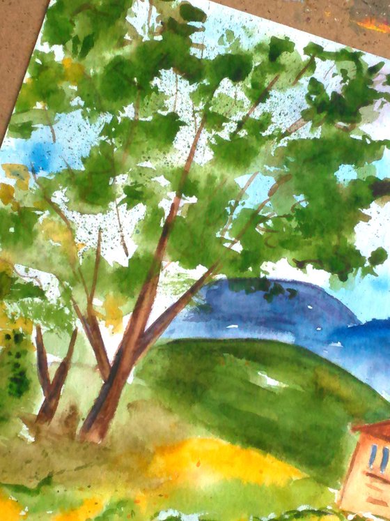 Tuscany Painting Landscape Original Art Farm House Watercolor Artwork PoplarTree Yellow Field Small Wall Art 8 by 12" by Halyna Kirichenko