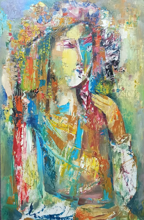 Colorful portrait (30x50cm, oil painting, ready to hang)