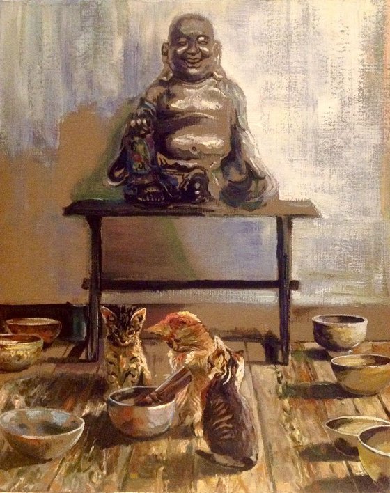 Crouching kitty, laughing Buddha