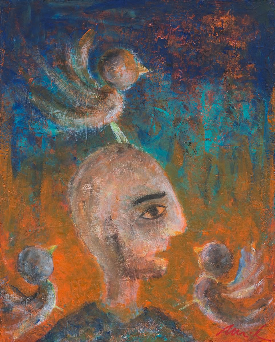 Naive Portrait Acrylic Painting By Peter Zelei, 16 X 20", Sermon To Birds, Original Artwork