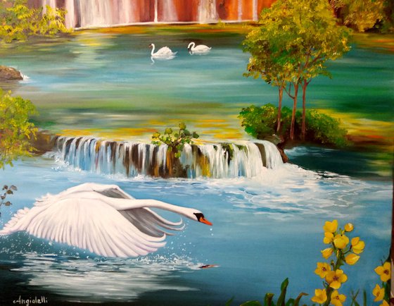 Landscape with swans