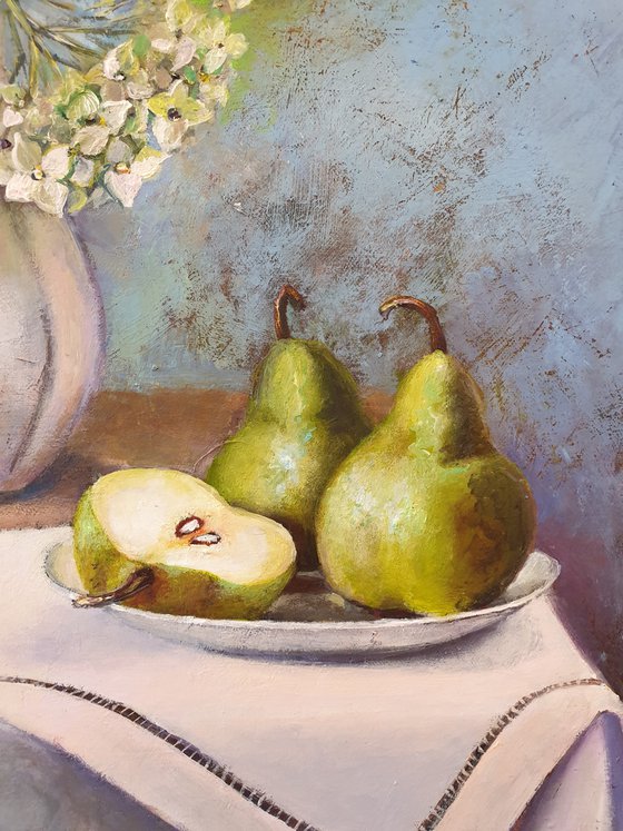 "Still Life with Hydrangea and Pears"  pears  liGHt original painting PALETTE KNIFE  GIFT (2019)