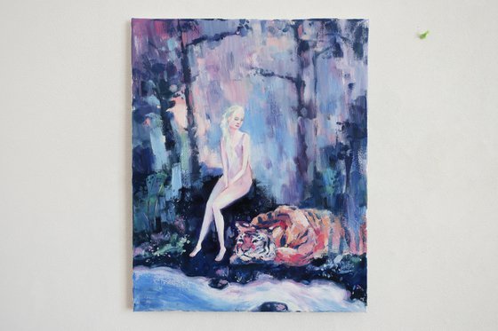 Oil painting Girl and tiger