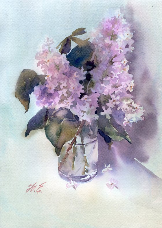 Lilac branch in a glass, Watercolor spring