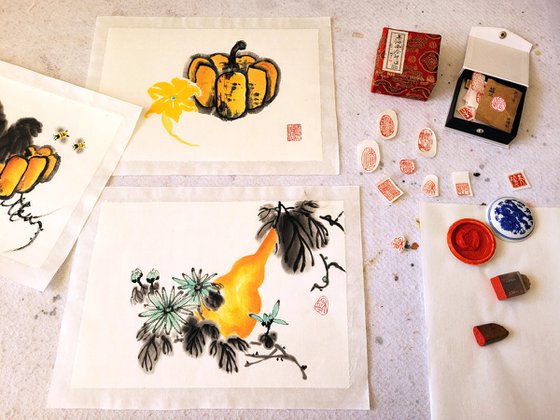 Calabash bottle gourd and chrysanthemum - Pumpkin series No. 05 - Oriental Chinese Ink Painting