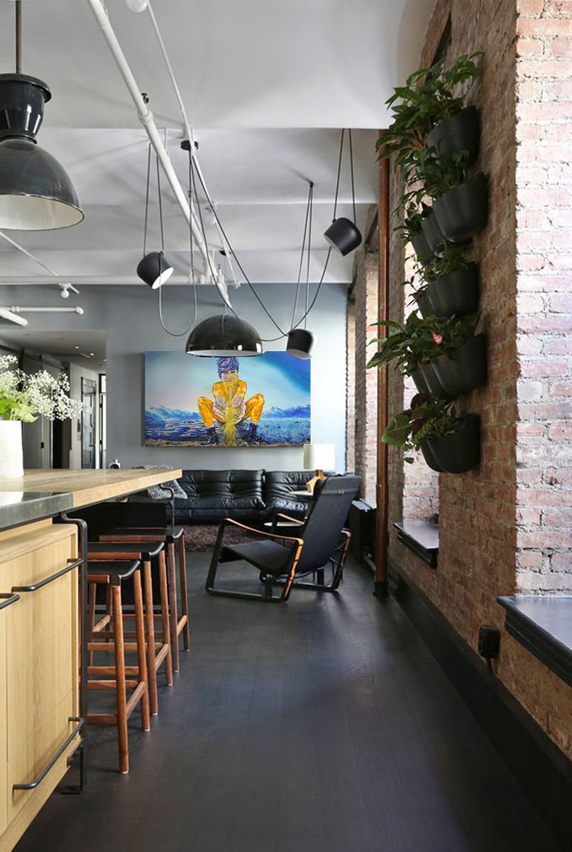 Surrealistic Portrait Acrylic Painting By Kimi Kaa, 60 X 40", Mellow Yellow Aura (Aura Series), Original Artwork