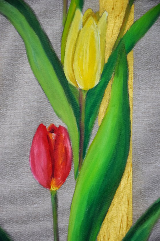 Flowers Tulips original OIL PAINTING on canvas, golden vertical artwork, art nouveau