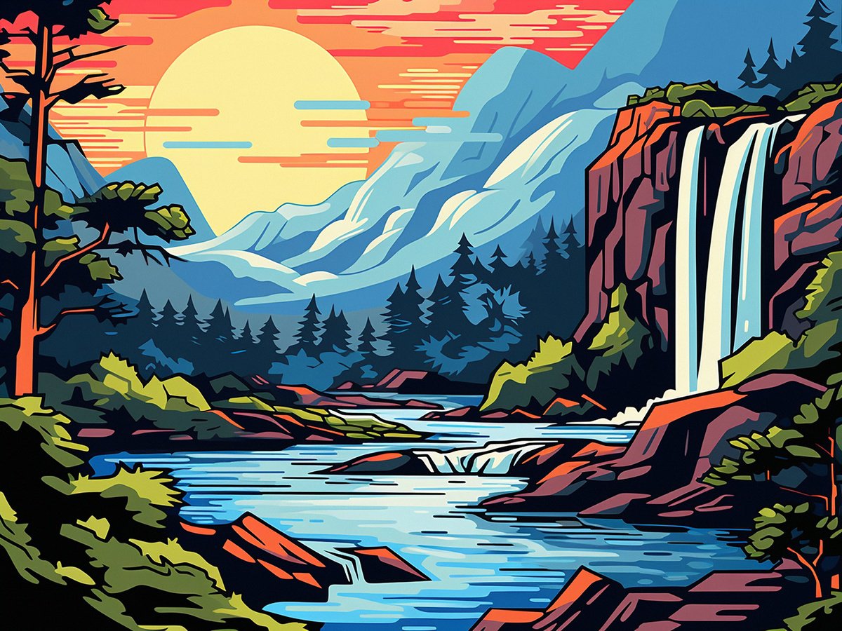 Urban And Pop Acrylic Painting , Forest Waterfall By Kosta Morr, 31 X 24, Artwork For Sale On Artfinder