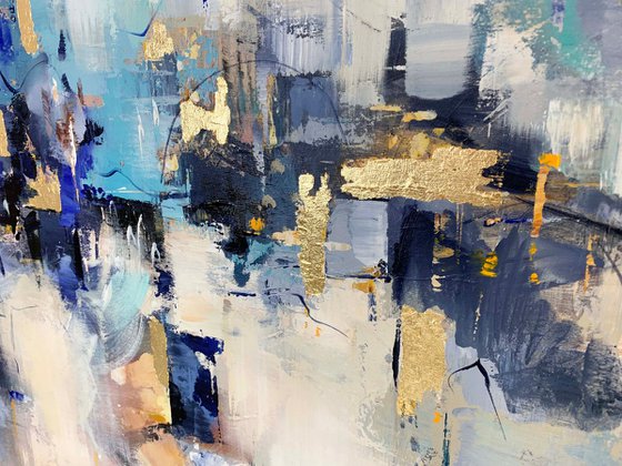 Indigo Clouds - Extra Large Oversize Abstract Painting 71" x 40" , Blue Grey Gold Leaf Soft Colors White Gray Painting