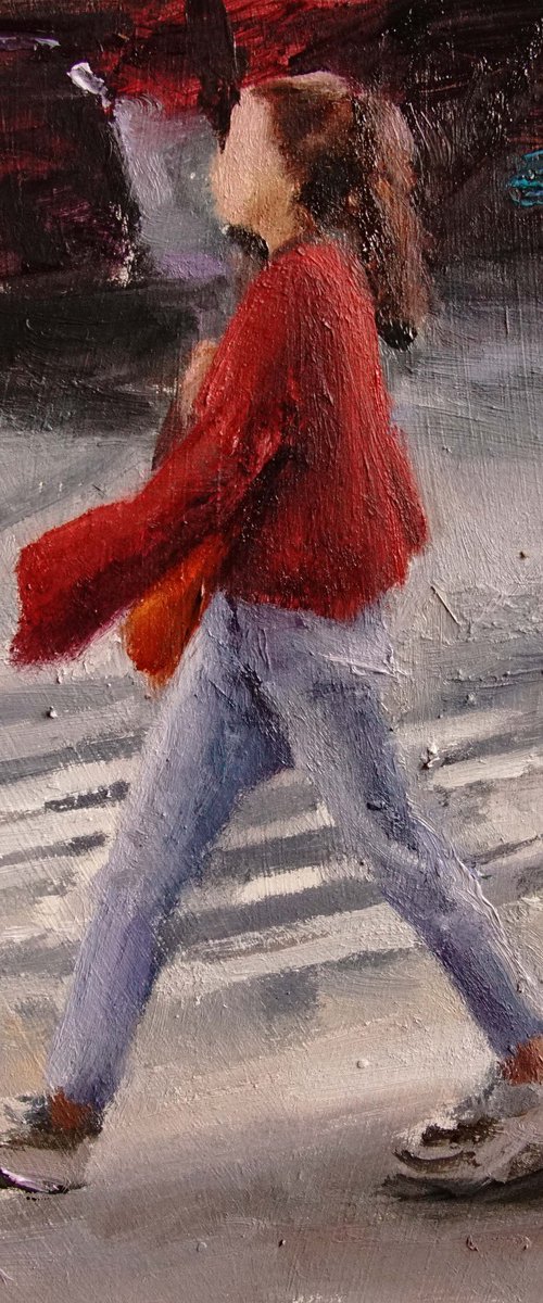 Red woolen sweater walking by Manuel Leonardi