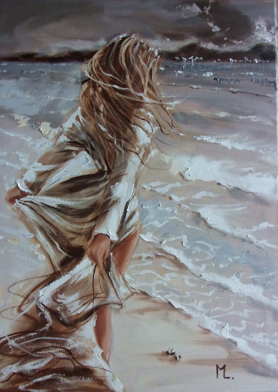 FOR ANNA " DANCING WITH THE WAVES " SUN SKY SEA SAND liGHt  ORIGINAL OIL PAINTING, GIFT, PALETTE KNIFE