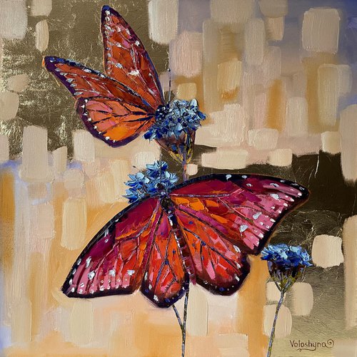 Couple of butterflies. Original oil painting. Flower by Mary Voloshyna