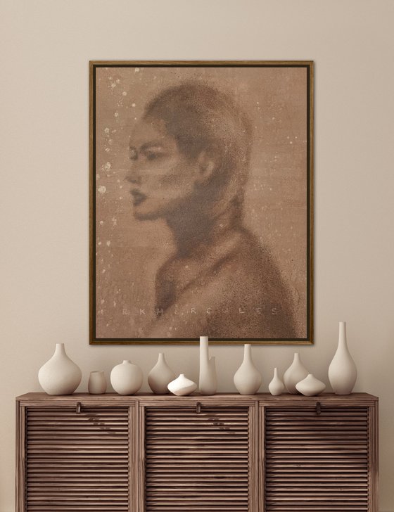 Serene painting of side profile of a beautiful women in beige nude and brown colors. Oil painted in splatters on canvas