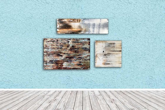 "Burnt And Beautiful" - Save As A Series - Original Large PMS Abstract Triptych Acrylic Paintings On Canvas and Wood - 56" x 35.5"