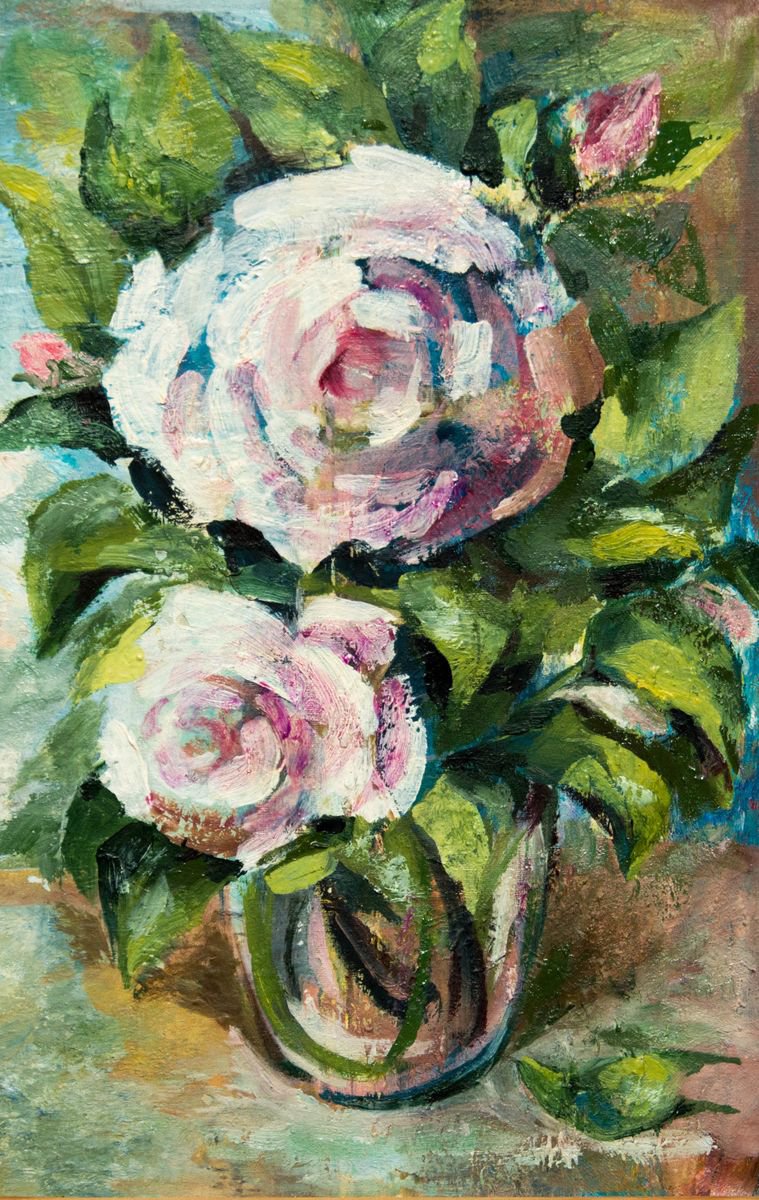 Impressionistic Still Life Oil Painting By Galyna Shevchencko, 9 X 13, Roses In Vase, Original Artwork