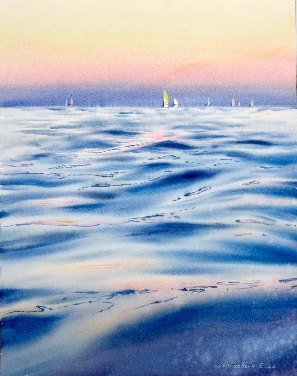 Impressionistic Landscape Watercolour By Eugenia Gorbacheva, 12 X 16, Yachts At Sea #5, Original Artwork