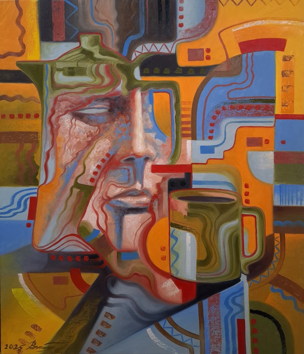 Surrealistic Abstract Oil Painting By Serhii Voichenko, 24 X 27", Green Mug, Original Artwork