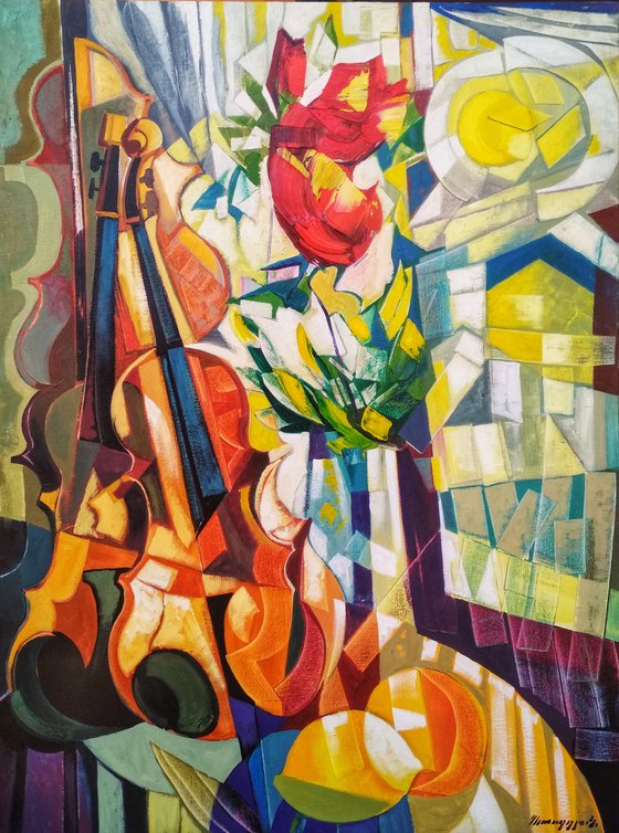 Still life with lemons and violin (60x80cm, cubism, oil painting, ready to hang)