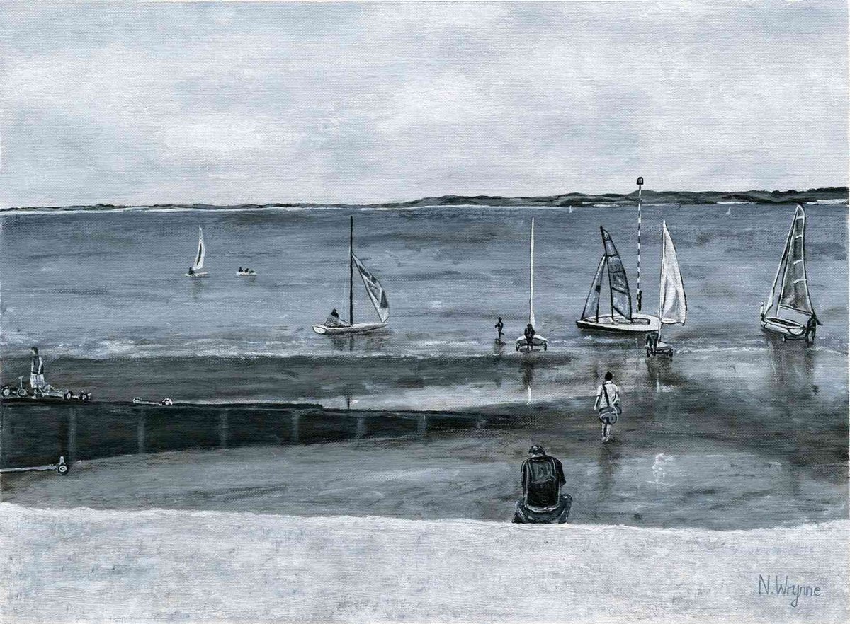 Whitstable Beach - Original Black and White Beach Scene Sail Boats by Neil Wrynne