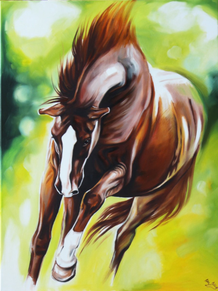Expressive Animal Oil Painting By Marie Madej, 24 X 31", Spring Freshness, Original Artwork