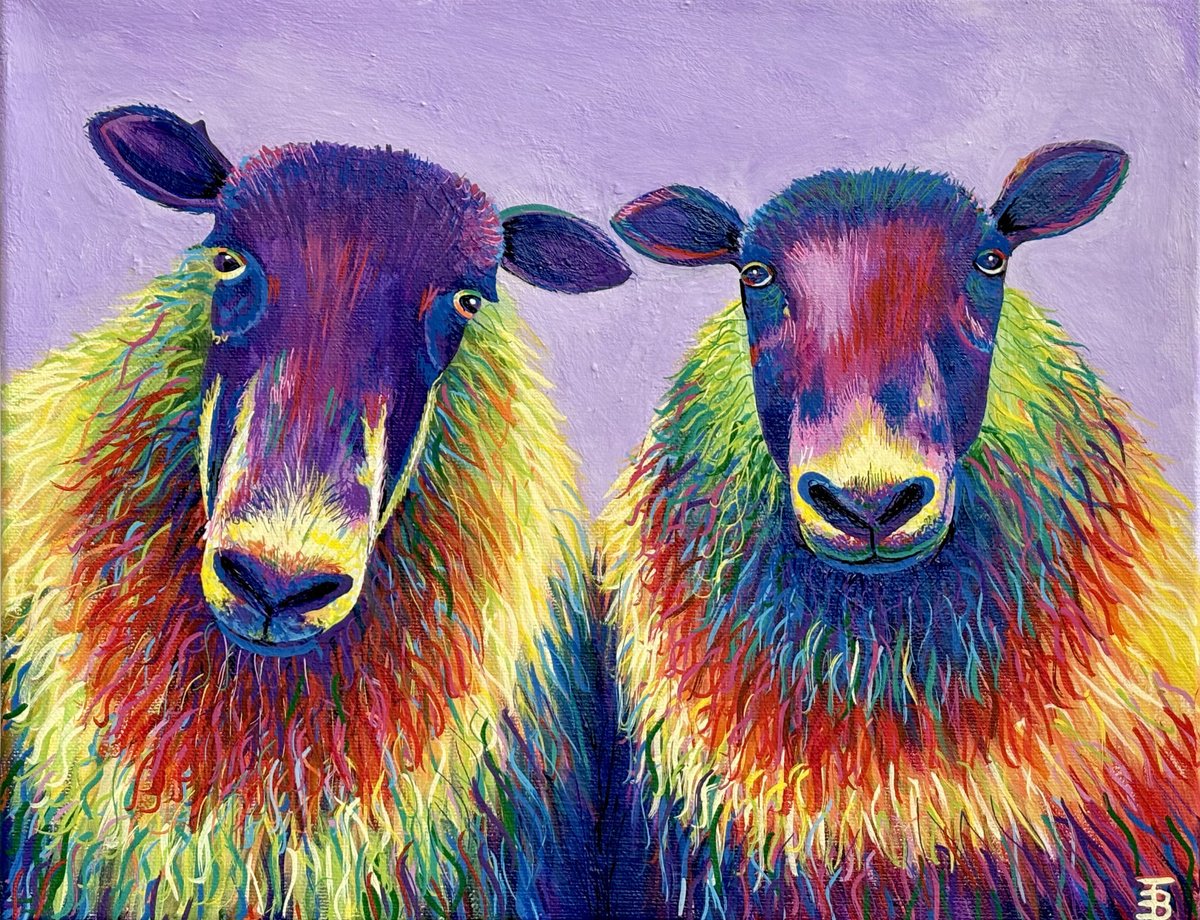 Urban And Pop Animal Acrylic Painting By Tiffany Budd, 14 X 11", Doris And Doreen The Sheep, Original Artwork