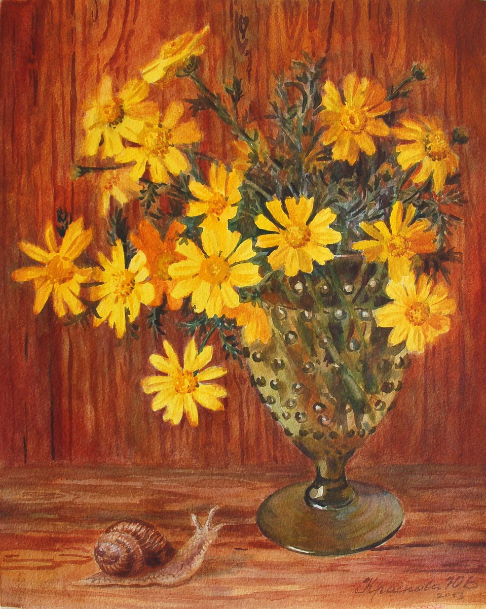 Photorealistic Botanical Watercolour By Yulia Krasnov, 12 X 15", Bouquet Of Yellow Daisies, Original Artwork
