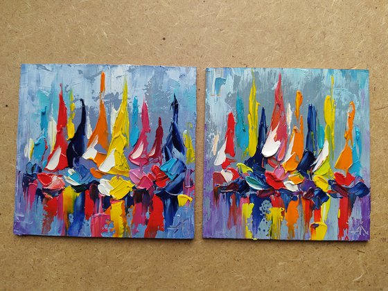 Diptych yachts - small yachts, diptych, yacht racing, yacht, boats, oil painting, yacht club, yacht original painting, seascape, small size, postcard size