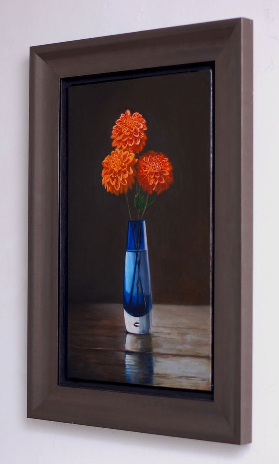 Orange Dahlias, Blue Vase