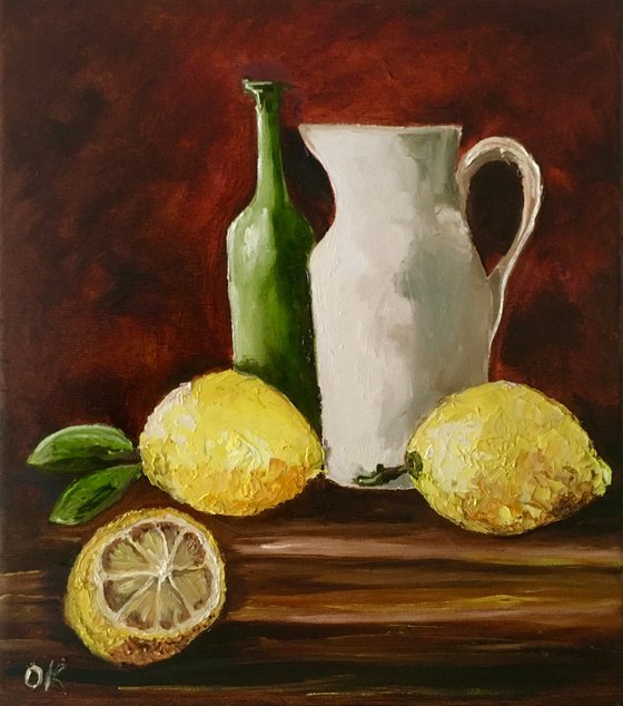 Bottles and lemons.  Still life. Palette knife painting on linen canvas