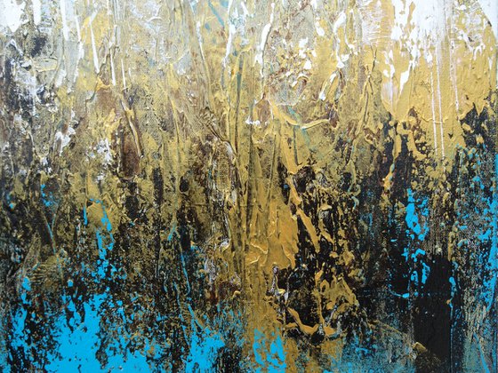FREE FLOW. Teal, Blue, Gold, Beige Contemporary Abstract Painting with Texture