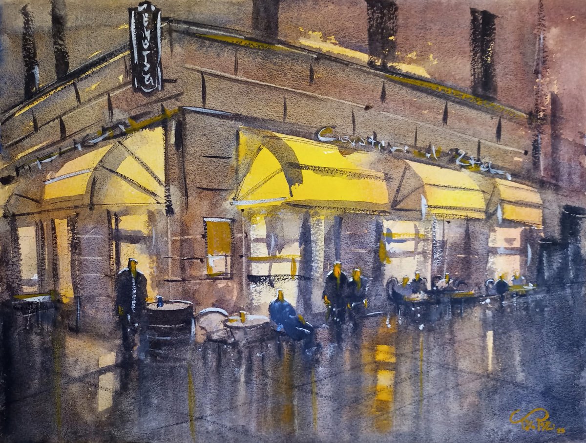 Expressive Cityscapes Watercolour By Tollo Pozzi, 15 X 11", Cafe At Night, Original Artwork