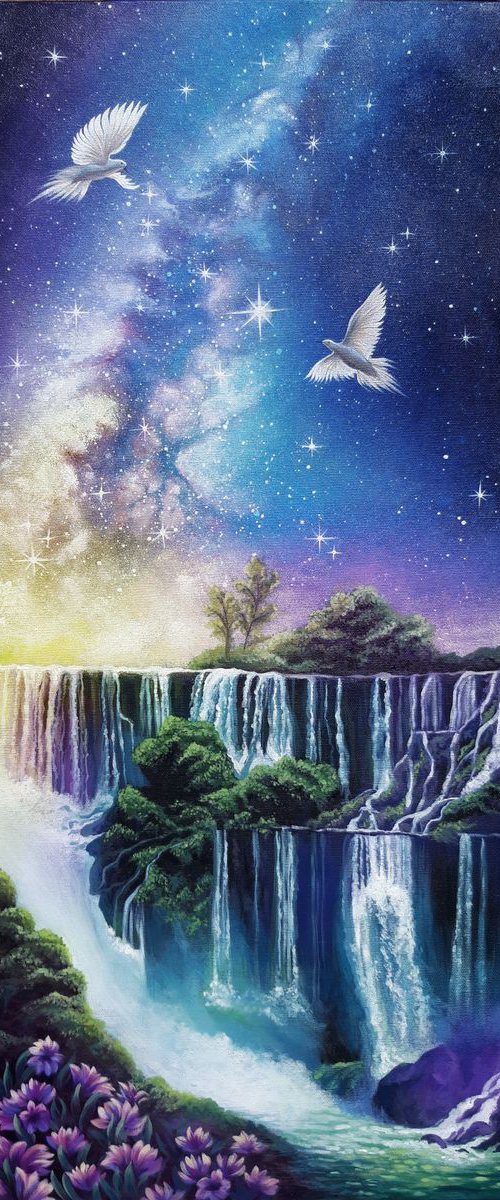 "Valley of the stars", valley painting, landscape art, waterfalls painting, birds in flight by Anna Steshenko