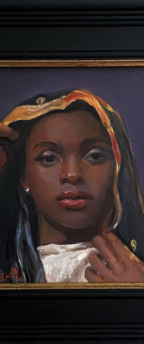 Young Black Woman oil portrait with frame. by Jackie Smith