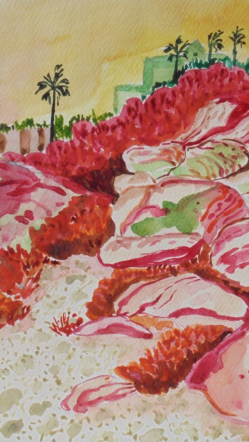 Rocks on playa los toros watercolour study by Kirsty Wain