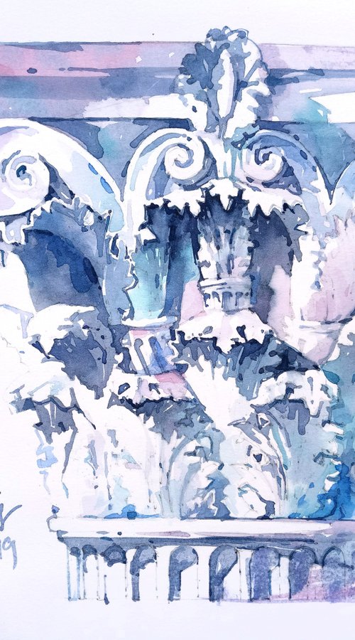 Modern architectural still life "The capital of an antique plaster column decorated with leaves and curls. A sketch in blue tones" original watercolor by Ksenia Selianko