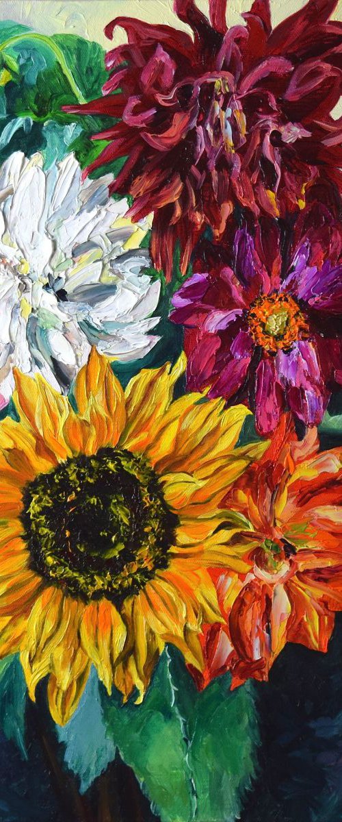 Sunflower with Dahlias & Eucalyptus Leaves by Christina M Plichta