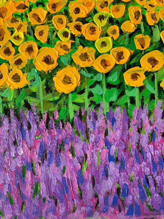 Sunflower and Lavender field! Country Landscape! House in the field! A3 size Painting on paper