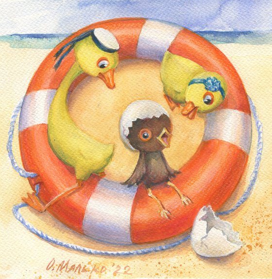 In a Port City (Set) / ORIGINAL watercolor Sea illustration Funny goose, duck, chicken Bright pictures